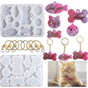 Resin Molds for Pendant, Oikejias 1Pcs Silicone Jewelry Casting Molds with 12 Keychain Ring Cat Fish Bone Round Shape Pendant Molds DIY Keychain Necklace Molds with Hole