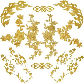 12Pcs Gold Flower Iron on Patches Embroidery Applique Sewing Fabric Gold Lace Sew on Patch for Dress Jeans Clothes