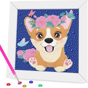 Miairivy Diamond Painting for Kids, 5D Animal Diamond Art Mini Small Kit(with Wooden Frame), DIY Cute Dog Big Gem Painting Set, Paint by Diamonds Crafts for Girls Boys Ages 4-12