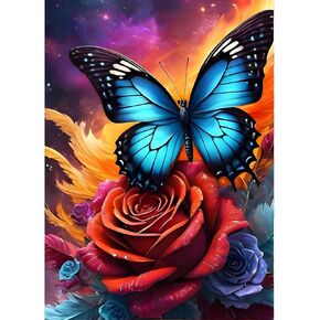 QINRUBB 5D DIY Butterfly Diamond Painting Kits,Round Full Drill Red Flowers Diamond Art Painting Kits for Adults Beginners, DIY Painting by Numbers Diamond Art Kits for Home Fashion Decor 30x40cm