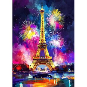 Heibago Eiffel Tower Diamond Art Kits للبالغين ، 5D الحفر الكاملة Round City Painting Gems مع ألعاب نارية Diamond Painting ، City Diamond Dots Perfect for Home Wall Decor