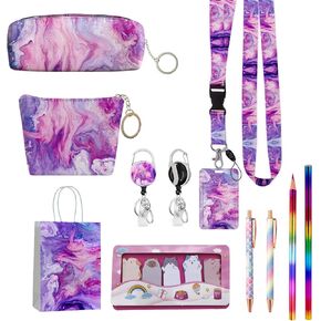 School Supplies Set Cute Stationery Gift ID Badge Holder with Lanyard Pencil Case Coin Purse Birthday Present for Student Teacher Colleague Nurse (Cute Elephant)