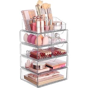 Vtopmart 5 Tier Clear Makeup Organizer with Drawer, Cosmetic Storage for Dresser Countertop and Bathroom Vanity, Beauty Holder for Lipstick Brush Skincare