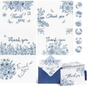 60 Sets Blue Floral Thank You Cards Wedding Bridal Shower Thank You Cards with Envelopes Stickers 6 Styles Blank Note for Bridal Shower Wedding Birthday Party Supplies, 4 x 6 Inch