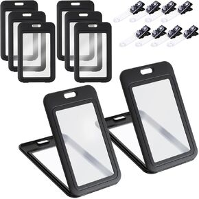 6 Pack ID Badge Holder with Plastic Clip, Double-Sided Clear Vertical Badge Holder Hard Black Card Protector Pouch Name Badge Holders Plastic Case for Office School ID Credit Cards