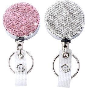 2pcs Bling Retractable ID Badge Holder with Belt Clip, ID/Name Badge Reels with Bling Rhinestones, Retractable Card Holder with Key Ring Backing for Office Worker Teacher Doctor Nurse(Silver&Pink)