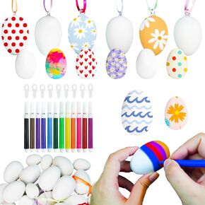 Succwoah 72 Pcs White Easter Eggs with 36 Color Pens, Colorful Hanging Ropes, Paintable Blank Plastic Easter Eggs for Kids Basket Stuffers Craft DIY Easter Toys