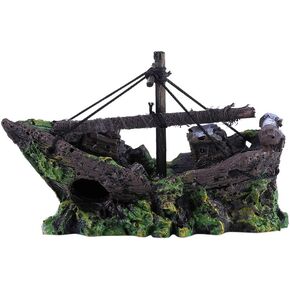 Betta Fish Wood Boat Accessories Resin Shipwreck Ornament for Aquarium Fish Decoration, Sunken Pirate Ship Theme
