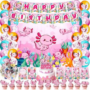 105 PCS Axolotl Birthday Decorations Party Supplies Axolotl Themed Party Decorations Includes Backdrop Banner Cake Topper and Cupcake Topper Stickers for Birthday Party