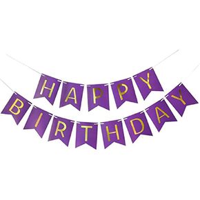 Purple Happy Birthday Banner, Purple Card Happy Birthday Banner, Golden Letters For Birthday Party