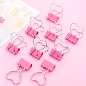 Pink Binder Clips, 10Pcs Pink Clip Heart Hollow Out Metal Binder Clips Notes Letter Paper Clip Office Supplies Paper Clamps, Clips for Paperwork, Home, Office and School Supplies