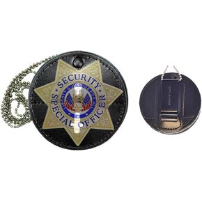 Hero's Pride Universal Round Badge Holder, Standard Issue Leather Shield Case, Spring Clip and Neck Chain, Hook Fastener, Large, 3-6/8"