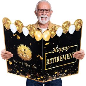 Large Retirement Card Best Retirement Gifts for Women Men Happy Retirement Party Decorations Black Gold Farewell Retired Guest Book