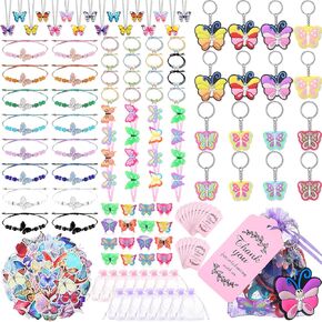 XunYee 178 Pcs Butterfly Party Favors for Girls Fairy Birthday Party Supplies, Butterfly Keychain Bulk Hairpins Stickers Flying Bracelet Necklace Ring Organza Bags for Girls Gift Decor
