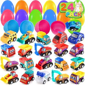 Duchong Prefilled Easter Eggs with Cars Toys for Easter Eggs Hunt, 24 Packs 2.8“ Plastic Eggs with Pull-Back Construction Vehicles, Easter Theme Party Favor, Easter Basket Stuffers for Boys Girls