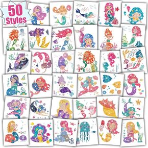 Partywind Mermaid Tattoos for Girls, 50 PCS Glitter Tattoo Stickers for Kids Mermaid Birthday Party Decorations, Party Supplies for Girls Mermaid Games Goodie Bag Stuffers