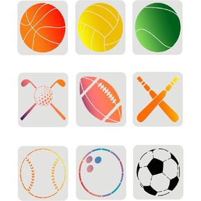 FINGERINSPIRE 9Pcs Sports Ball Stencils (Basketball, Soccer, Bowling, Baseball, Rugby, Golf, Volleyball) 7.9x7.9 inch Template Paint Chalk Signs for Wall, Wood, Paper, Fabric DIY Craft Decor