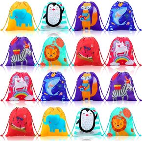 16 Pack Drawstring Party Favor Bags for Kids Birthday Party School Drawstring Candy Goody Bag with Cartoon Animal Designed for Baby Boys and Girls (8 Styles)