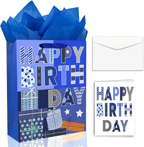 Yitla 13" Birthday Gift Bag With Birthday Gift Card and Tissue Papers Blue Gift Bag Large Gift Bag for Birthday, Baby Shower, Party, and More (1Pcs Blue gift bag) in Saudi Arabia