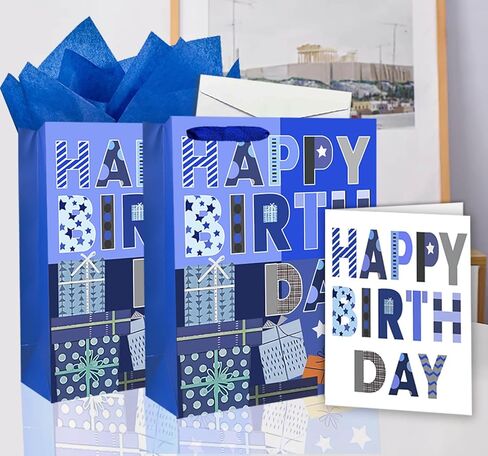 Yitla 13" Birthday Gift Bag With Birthday Gift Card and Tissue Papers Blue Gift Bag Large Gift Bag for Birthday, Baby Shower, Party, and More (1Pcs Blue gift bag) in Saudi Arabia