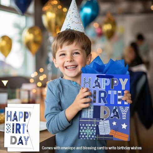 Yitla 13" Birthday Gift Bag With Birthday Gift Card and Tissue Papers Blue Gift Bag Large Gift Bag for Birthday, Baby Shower, Party, and More (1Pcs Blue gift bag) in Saudi Arabia