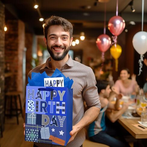 Yitla 13" Birthday Gift Bag With Birthday Gift Card and Tissue Papers Blue Gift Bag Large Gift Bag for Birthday, Baby Shower, Party, and More (1Pcs Blue gift bag) in Saudi Arabia