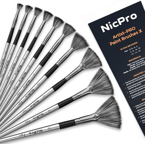فرش الطلاء مع مروحة Nicpro 10 PCS فنان فرشاة الطلاء مجموعة ناعمة مضادة للشفاء نايلون شعر مقبض مختصر لزيت ألوان مائية أكريليك in Kuwait