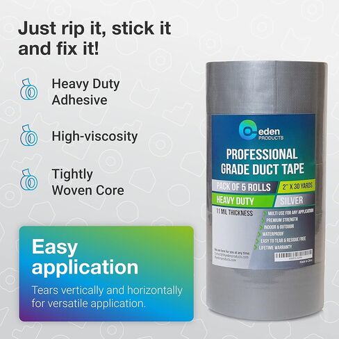 EdenProducts 5-Pack Duct Tape Heavy Duty Waterproof Bulk - Strong Industrial Gray Masking Tape for Repairs - Silver 90ft x 2in - Indoor & Outdoor Use, No Residue, Tear by Hand, All Weather in Saudi Arabia