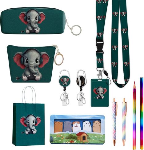 School Supplies Set Cute Stationery Gift ID Badge Holder with Lanyard Pencil Case Coin Purse Birthday Present for Student Teacher Colleague Nurse (Cute Elephant) in Saudi Arabia