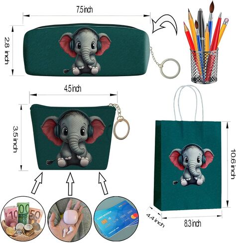 School Supplies Set Cute Stationery Gift ID Badge Holder with Lanyard Pencil Case Coin Purse Birthday Present for Student Teacher Colleague Nurse (Cute Elephant) in Saudi Arabia