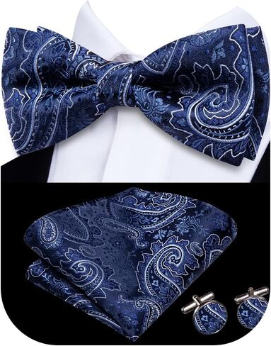 Hi-Tie Pre-Tied Bowties for Men Silk Bow Ties and Pocket Square Cufflinks Set Mens Wedding Party Formal in Kuwait