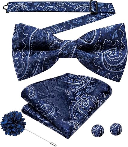 Hi-Tie Pre-Tied Bowties for Men Silk Bow Ties and Pocket Square Cufflinks Set Mens Wedding Party Formal in Kuwait