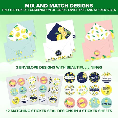 Decorably 24 Pack 6x4in Lemon Thank You Cards with Envelopes and Stickers, 12 Zesty Designs, Blank Inside - Weddings, Birthdays in Saudi Arabia