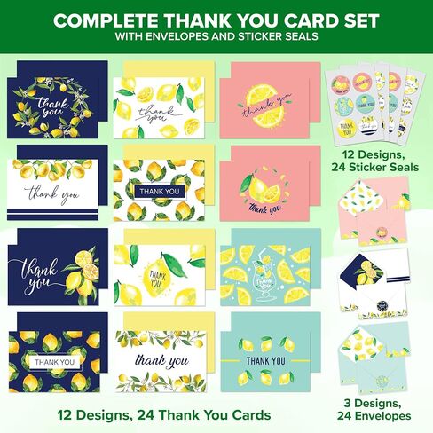 Decorably 24 Pack 6x4in Lemon Thank You Cards with Envelopes and Stickers, 12 Zesty Designs, Blank Inside - Weddings, Birthdays in Saudi Arabia