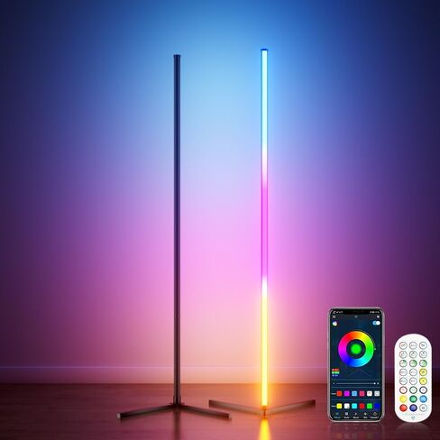 RGB Corner Floor Lamp, 64.5" RGB Color Changing Standing Lamps for Living Room APP and Remote Modern Floor Lamp with Music Sync and 16 Million Colors Dimmable Ambient Lighting for Bedroom in Saudi Arabia