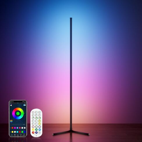 RGB Corner Floor Lamp, 64.5" RGB Color Changing Standing Lamps for Living Room APP and Remote Modern Floor Lamp with Music Sync and 16 Million Colors Dimmable Ambient Lighting for Bedroom in Saudi Arabia