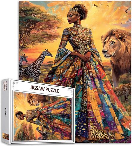 1000 Piece Jigsaw Puzzles for Adults America African Queen Painting Jigsaw Puzzle Afro Black Girl 1000 Pieces Puzzles Game Giraffe and Lion Decor DIY Craft Bedroom Decor Animal Puzzle Art(Colorful) in Kuwait