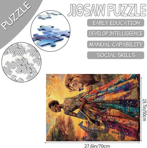 1000 Piece Jigsaw Puzzles for Adults America African Queen Painting Jigsaw Puzzle Afro Black Girl 1000 Pieces Puzzles Game Giraffe and Lion Decor DIY Craft Bedroom Decor Animal Puzzle Art(Colorful) in Kuwait