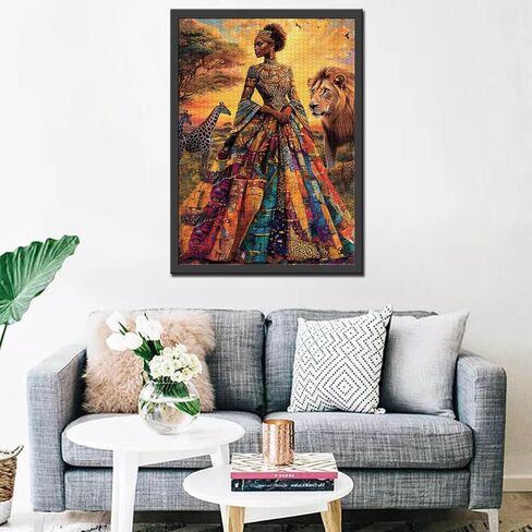 1000 Piece Jigsaw Puzzles for Adults America African Queen Painting Jigsaw Puzzle Afro Black Girl 1000 Pieces Puzzles Game Giraffe and Lion Decor DIY Craft Bedroom Decor Animal Puzzle Art(Colorful) in Kuwait