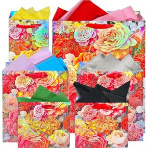 6 Pcs Gift Bags - Assorted Sizes with Tissue Paper for Mother's Day, Birthday and Celebrations (Large Red Peony Floral & Floral Label)