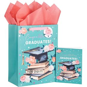 Loveinside Mint Flower Graduation Gift Bags with Tissue Paper, Greeting Card and Tag for Class of 2025 Graduation Party - 10" x 5" x 13", 1 Pcs