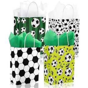 Whaline 24Pcs Soccer Paper Gift Bags with Handles Sports Party Favor Bags Soccer Ball Print Candy Goodie Treat Bags for Game Day Sports Events Birthday Party Supplies