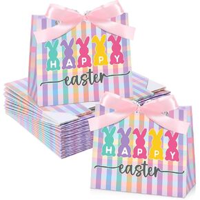Sweetude 25 Pcs Happy Easter Gift Bags 5.51 x 2.36 x 4.72 Inches Bunny Paper Treat Goodie Bags with Handles and Bow Ribbon for Easter Holiday Theme Party Favors Supplies