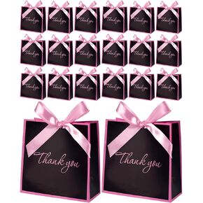 Liobelon 20 قطعة شكرًا لك حقائب الهدايا مع مقابض الأكياس الوردية مع Bow Ribbon Party لصالح صناديق الحلوى الورقية لدش الزفاف عيد ميلاد (20 قطعة - حجم كبير - أسود وردي)