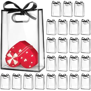 24 Pack Clear Gift Bag with Handle, 7’’x10’’x 3.15’’ PP Favor Bag with Ribbon Reusable Plastic Bag with Tie for Favor Christmas Wedding Bachelorette Party Birthday Party Goodies Baby Shower Shopping Small Business, Black (White)