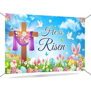 Mocicka Spring Backdrop Backdrop he Risen Lanner Floral Eggs Colortion Cross Background for Spring Easter Party Decorations Supplies 70.8 × 43.3 بوصة