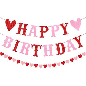 Valentine's Day & Birthday Banner - Red & Pink Glitter, 3m Long, Pre-Assembled, Wall Mount