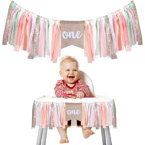 Buryeah One Highchair Banner 1st Birthday Highchair Banner 80 inch for Girls Boys Birthday Party Supplies Cake Photo Props Baby Shower Garland(Green Tan)