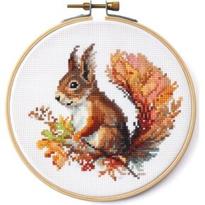 Generic Counted Easy Cross Stitch Kits Flower Squirrel Color Stamped Embroidery for Starter Kits DIY 11CT Stamped Patterns Embroidery Needlework Kit Supplies 12 Inch Hoop Included(135-A)
