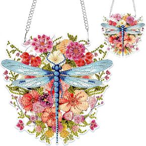 GHHKUD Dragonfly Diamond Painting Pendant Ornament for Adults Double Sided, Flowers Diamond Art Hanging Pendant, DIY Special Crystal Diamond Gem Painting Board Kit for Window Home Decor